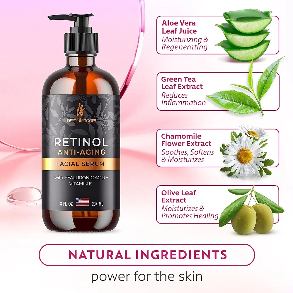 Retinol Serum for Face with Vitamin E & A + Aloe Vera (8Oz)